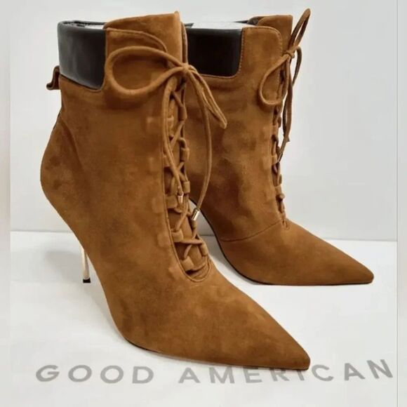 NEW Good American Scandal Lace Up Stiletto Booties Tobacco Cognac - Picture 4 of 4